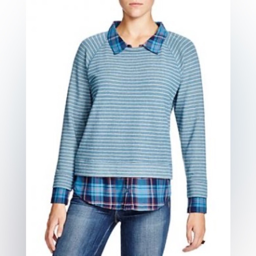 Soft Joie Keala Blue Steel Layered Effect Stripe Plaid Cotton Sweater NWT Size M